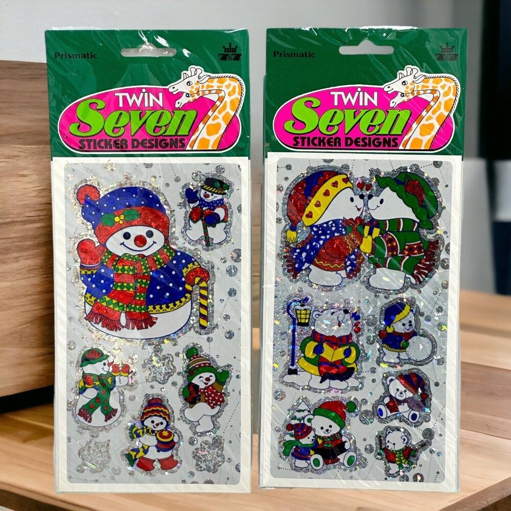 Vtg 80s 90s Stickers Twin Seven CHRISTMAS‎ Snowman Bear Prism Holographic Sealed